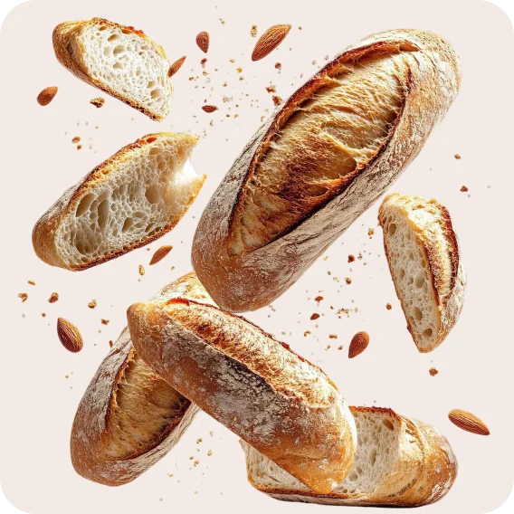 Loaves of bread scattered mid-air