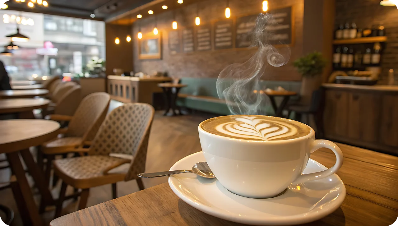 Cafe interior with a latte on the community table